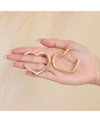 Open Heart Thin Wire Hoop Earrings in Gold