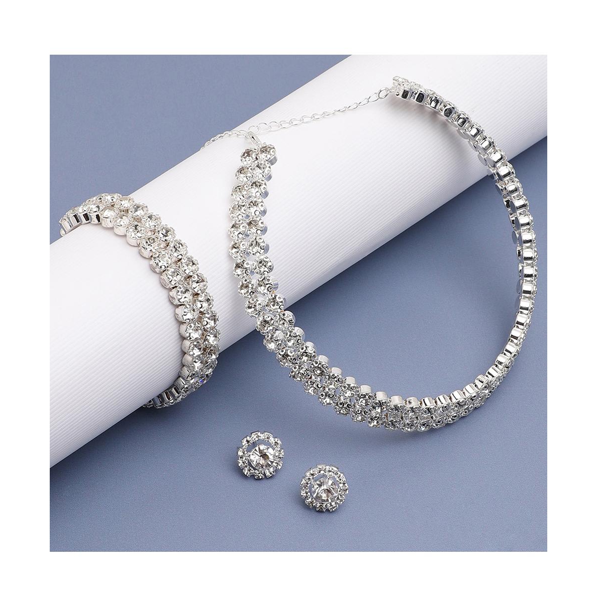Sohi Women's Silver Embellished Strand Necklace, Earrings And Bracelet (set Of 3) In Silver