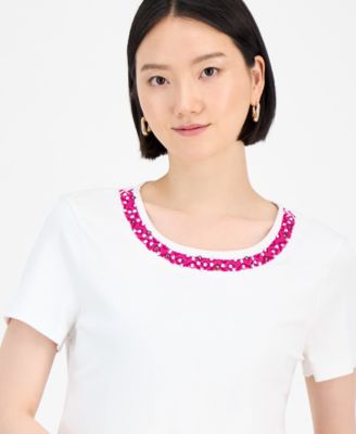 Women's Cotton Beaded-Neck T-Shirt, Exclusively at Macy's
