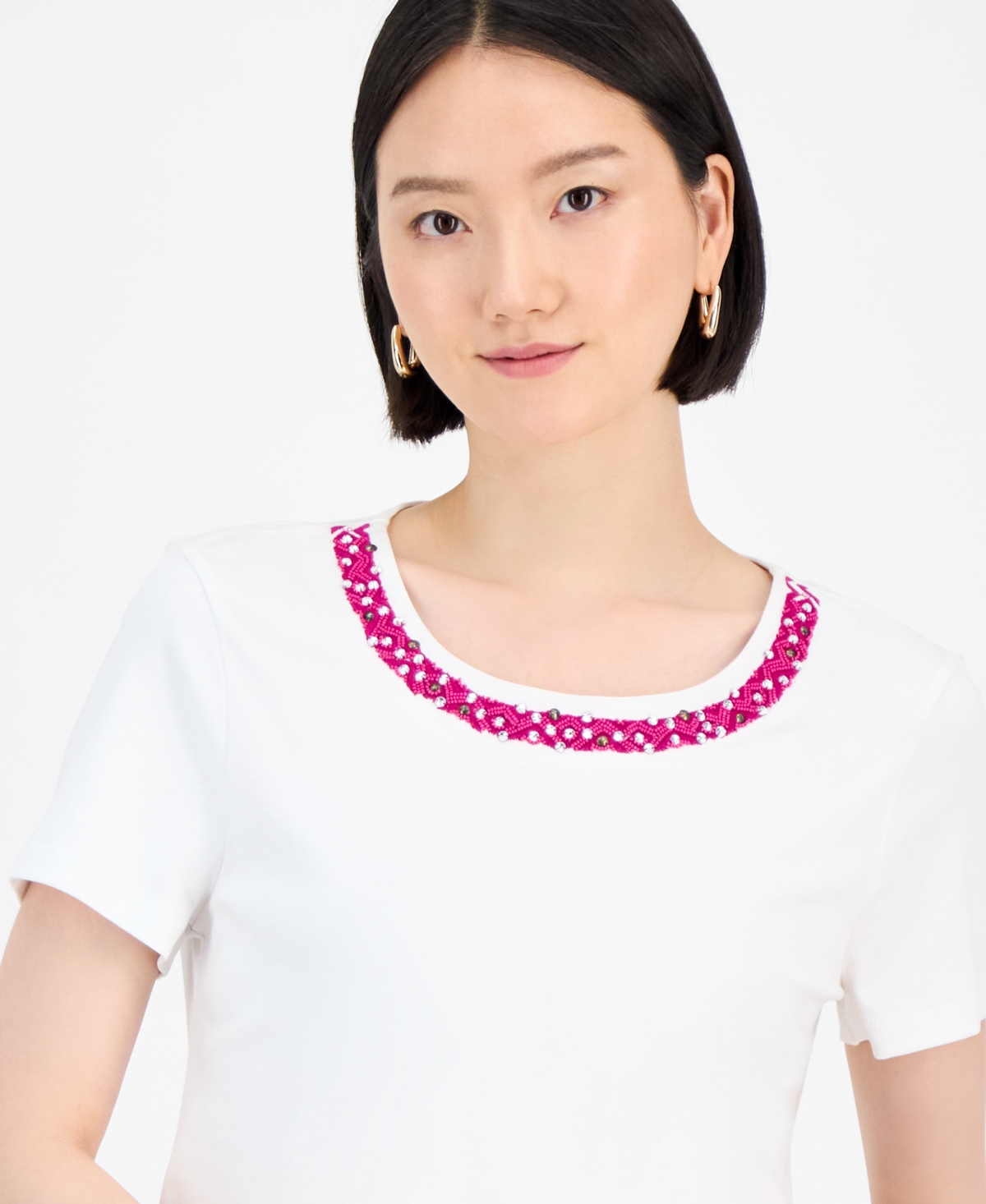 Jm Collection Women's Cotton Beaded-neck T-shirt, Exclusively At Macy's In White