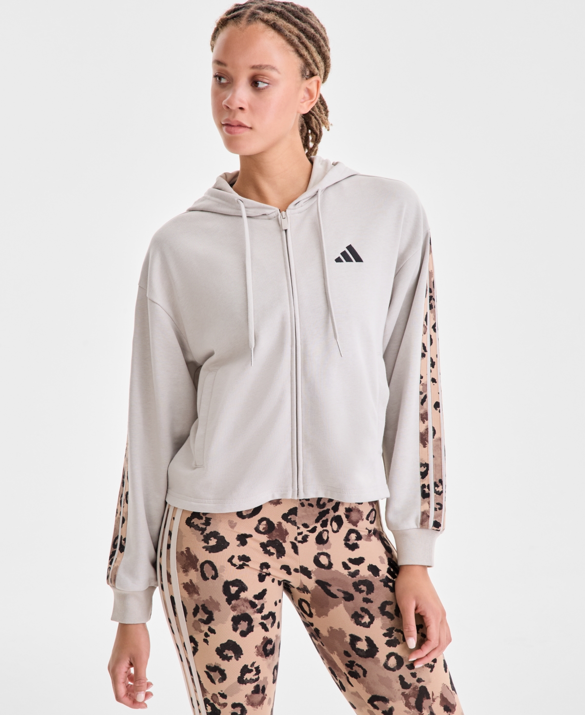 Adidas Originals Women's Animal-print 3-stripe French Terry Zip Hoodie In Neutral