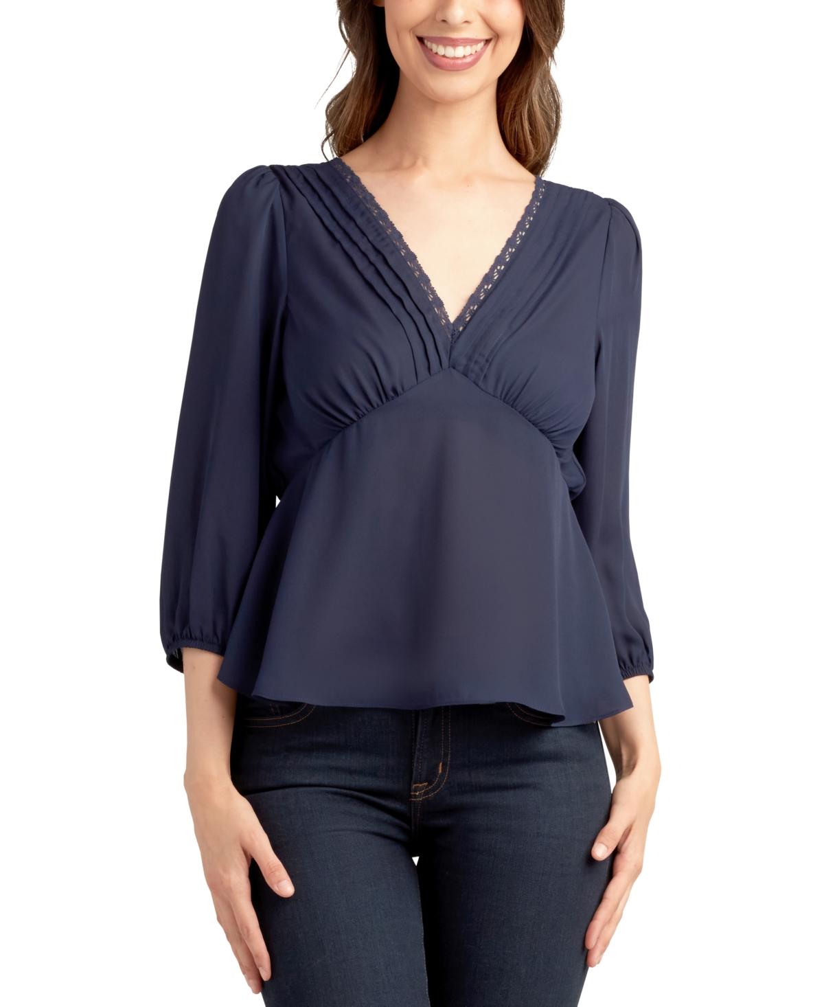 Juniors' 3/4-Sleeve Pleated V-Neck 3/4-Sleeve Top - Navy