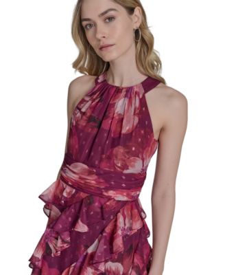 Petite Printed Chiffon Ruffled-Skirt Halter Gown