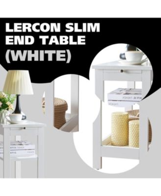 Slim Wood Side End Table with Storage Shelves & Pull-Out Tray, Nightstand for Bedroom, Living Room