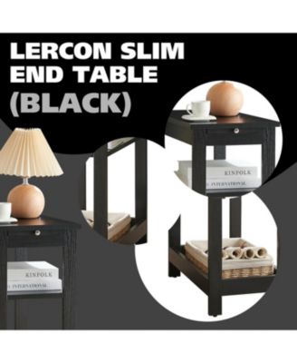 Slim Wood Side End Table with Storage Shelves & Pull-Out Tray, Nightstand for Bedroom, Living Room