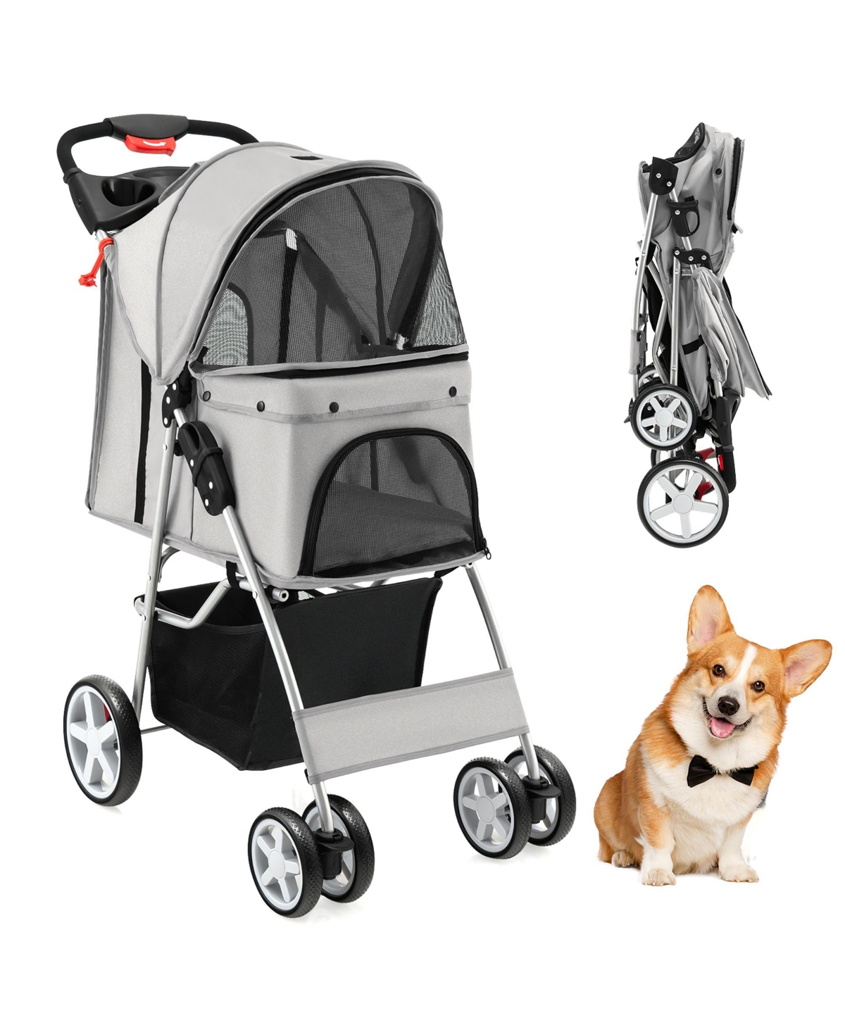 Petsjoy Folding Pet Stroller 4-Wheel Pet Travel Carrier w/Storage Basket - Grey