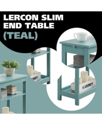 Slim Wood Side End Table with Storage Shelves & Pull-Out Tray, Nightstand for Bedroom, Living Room