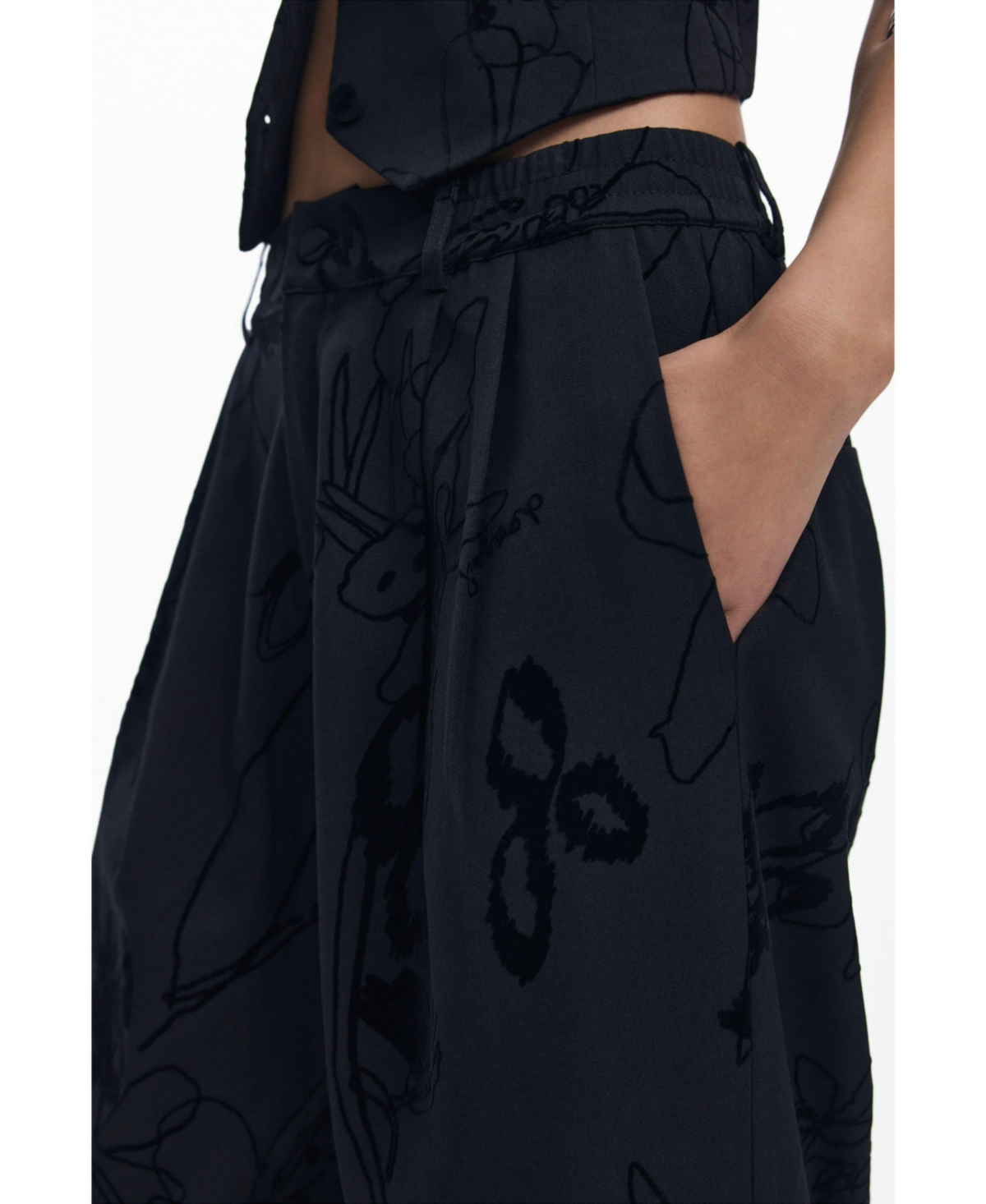 Desigual Pleated Wide Leg Pants In Black
