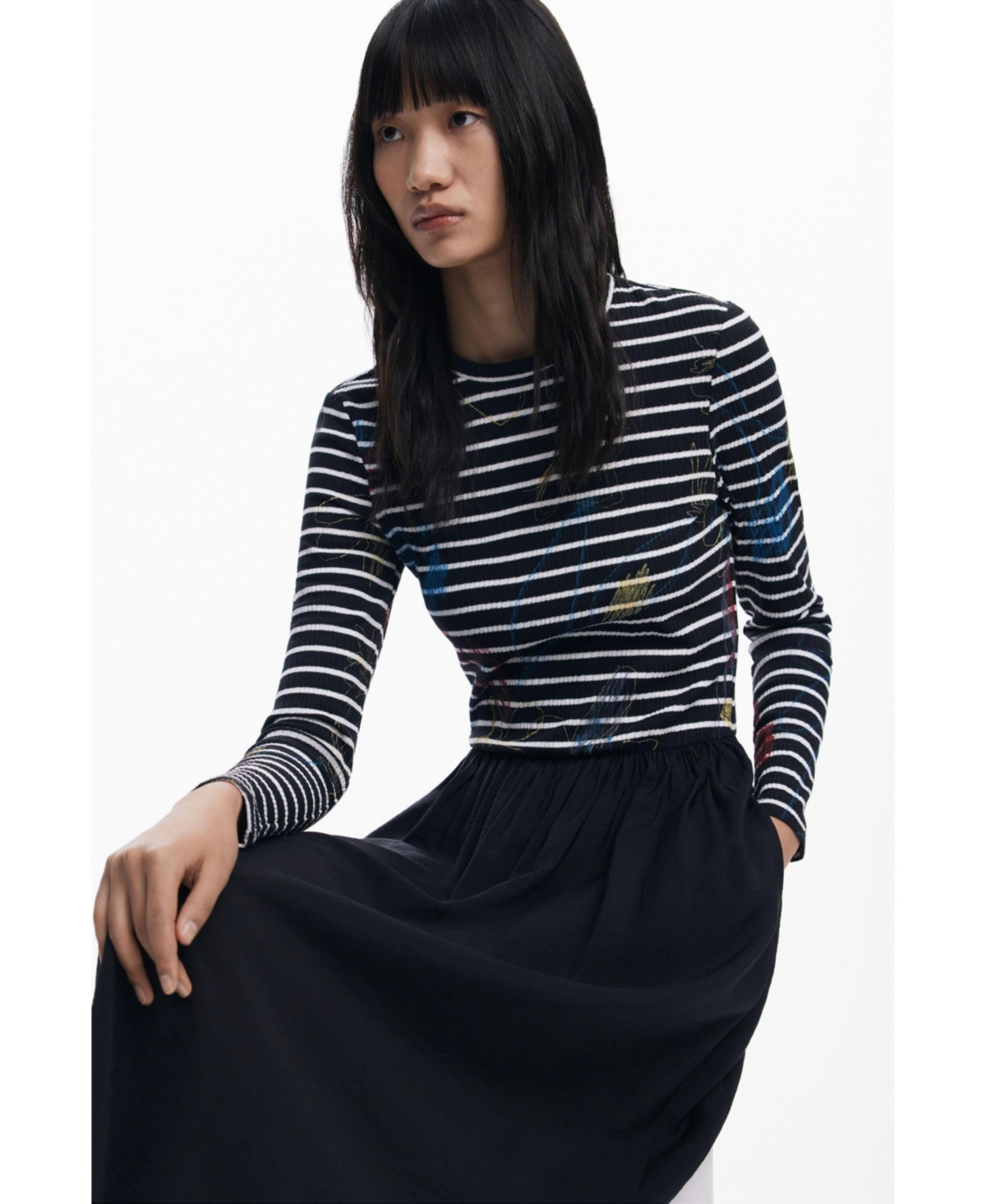 Desigual Long Sleeve Mixed Media Midi Dress In Black