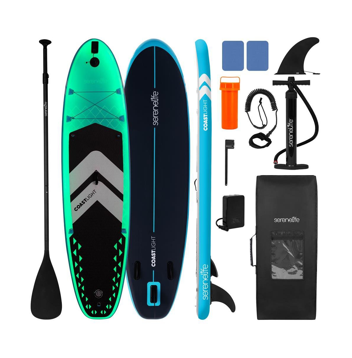 Free-Flow Welded Inflatable Stand-Up Paddle-Board with Led Light, Includes Double-Action Hand Pump (Black) - Black