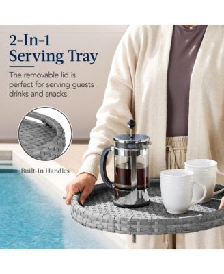 Round Wicker Ottoman, Multipurpose Furniture w/ Removable Cushion, Steel Frame