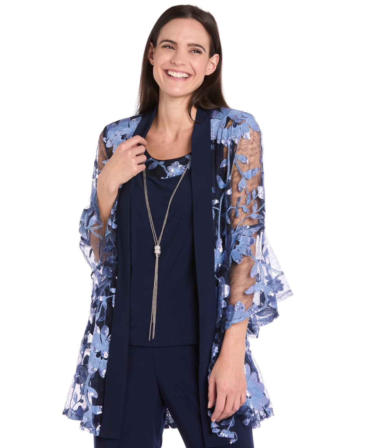 R & M Richards Petite Floral Jacket, Tank Top & Pants Set In Blue