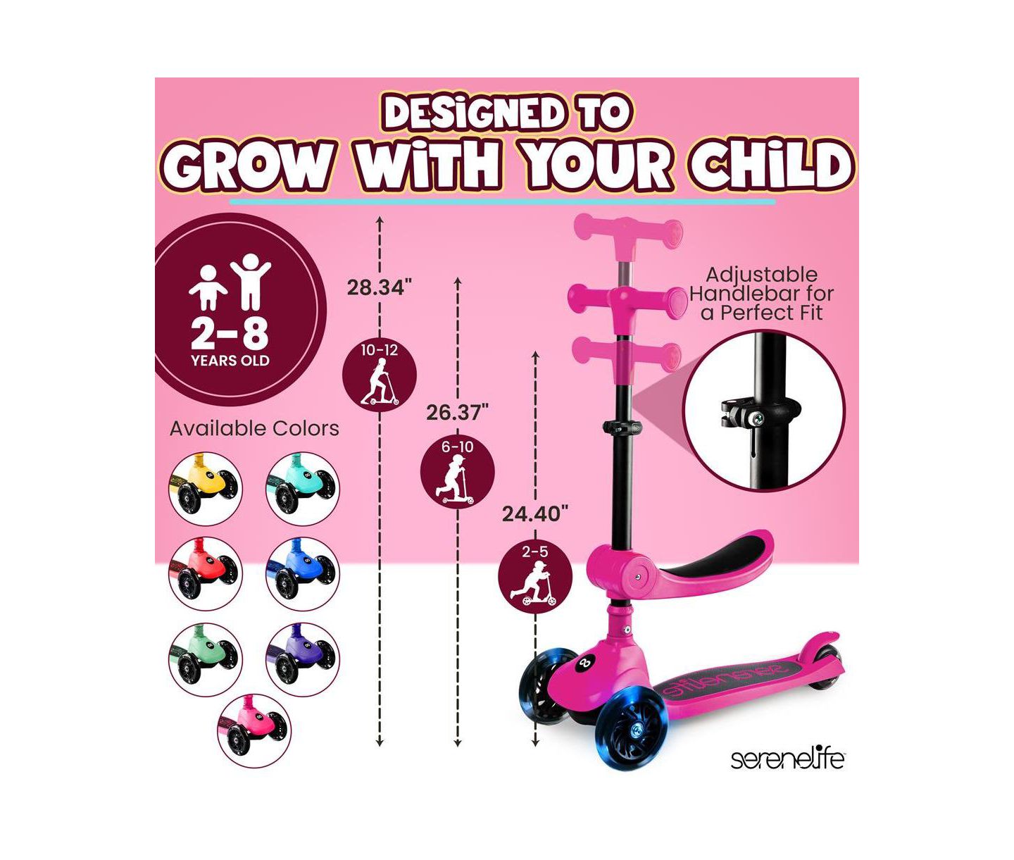 Детская игрушка SereneLife 3-Wheel Foldable Kids Scooter with Built-in LED Wheel Lights & Foldable Seat, 110 lbs. Capacity, Ages 3+, цвет: Розовый — фото 4