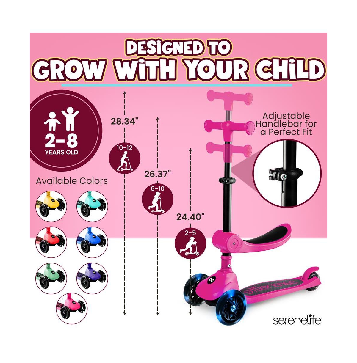 3-Wheel Foldable Kids Scooter - Child Toy Scooter with Built-in Led Wheel Lights, Foldable Seat (Pink)