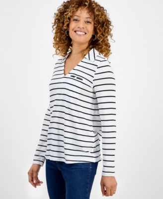 Style & Co - Women's Collared V-Neck Solid Long-Sleeve Top