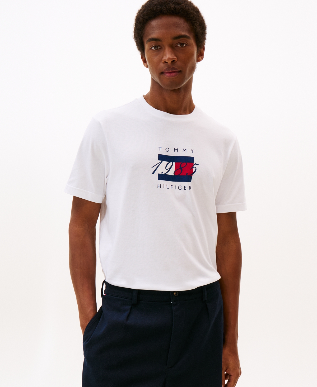 Tommy Hilfiger Men's Linear Flag 1985 Graphic T-shirt In White