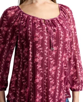 Juniors' 3/4-Sleeve Printed Mesh Peasant Top