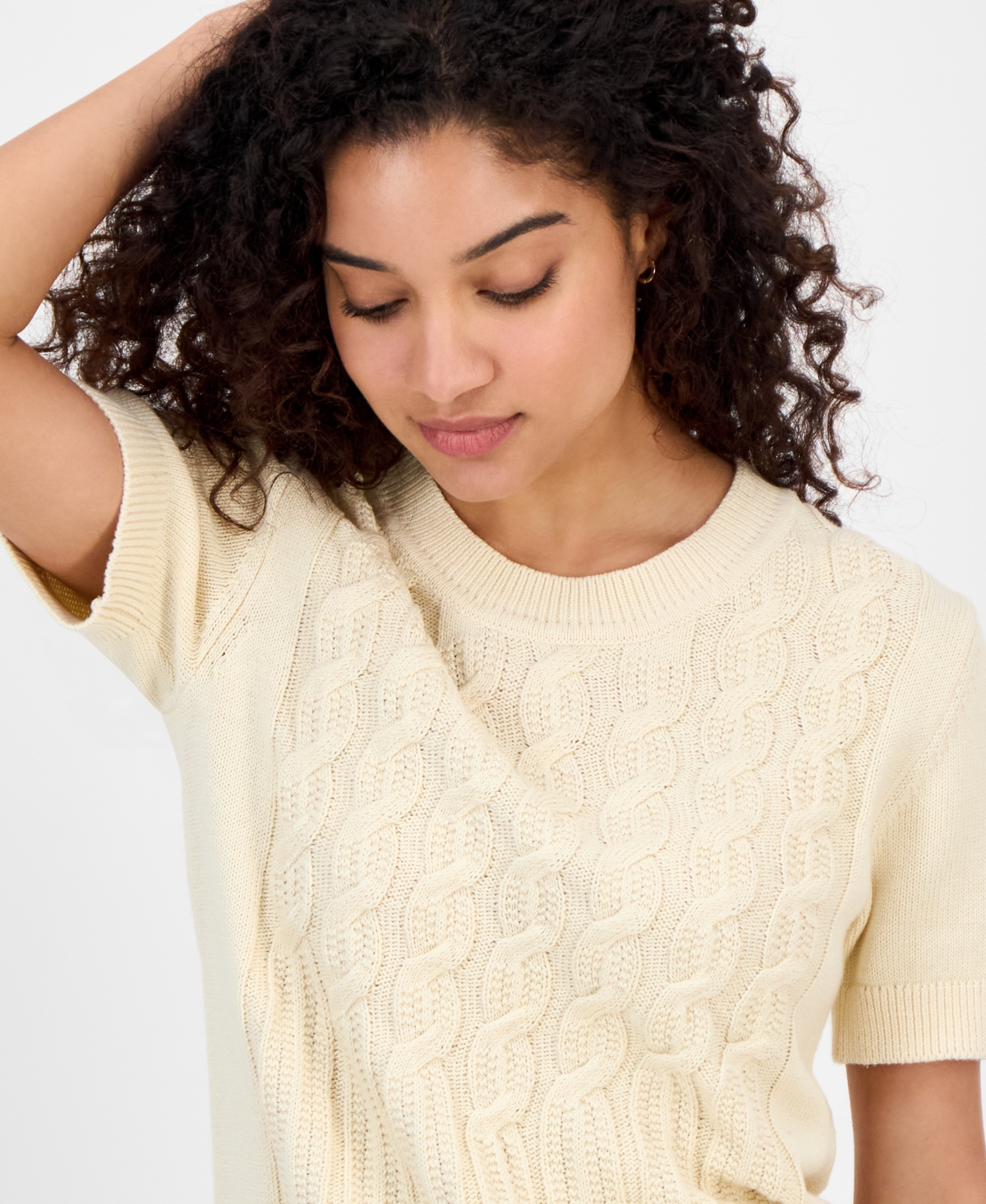 Nautica Jeans Women's Cotton Cable-knit Short-sleeve Sweater In White