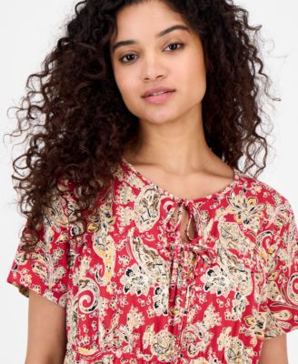 Women's Paisley-Print Tie-Neck Top
