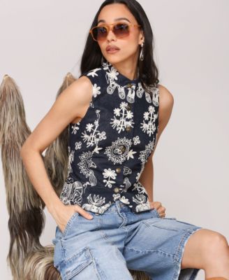 Women's Soutache Denim Button-Front Vest