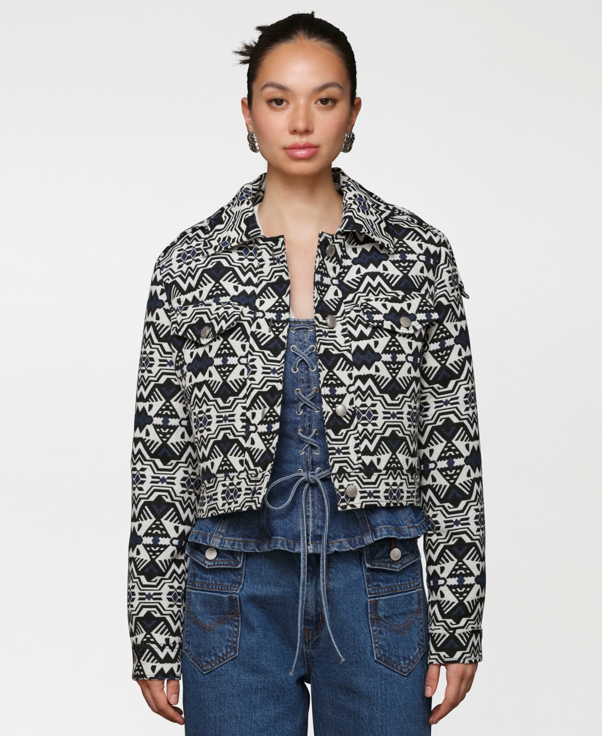 Women's Printed Cropped Trucker Jacket - Black/Cream Jacquard