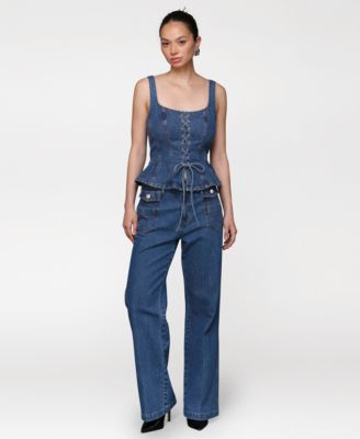 Women's Denim Lace-Up Peplum Top