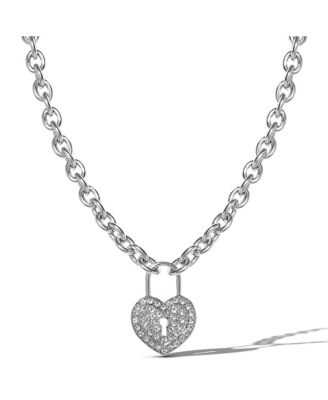 Silver-Tone Pave Crystal Heart Lock Necklace