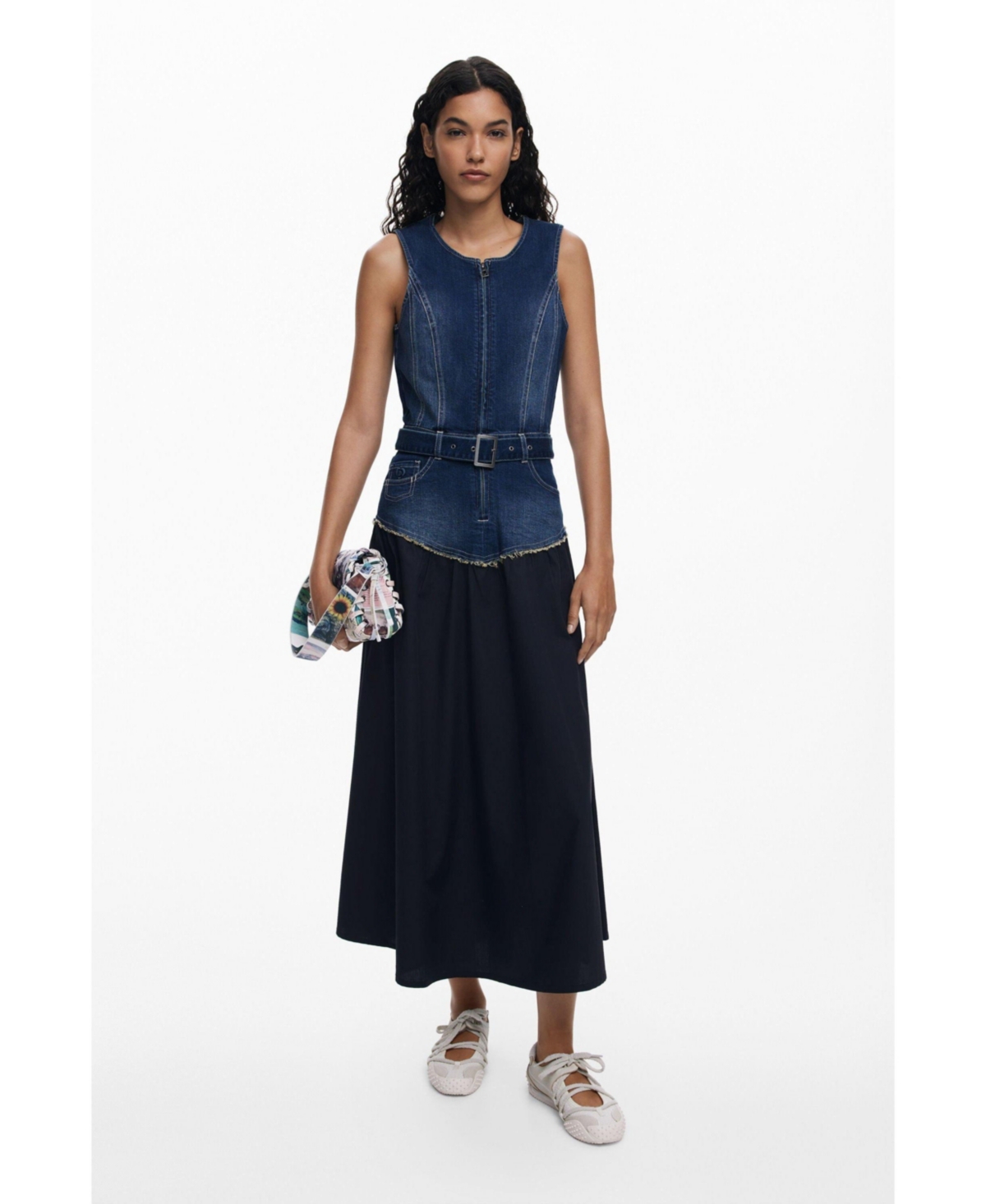 Desigual Sleeveless Mixed Media Midi Dress In Blue