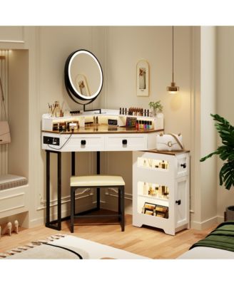 Farmhouse-style dressing table with mirror and lights, featuring a glass top.