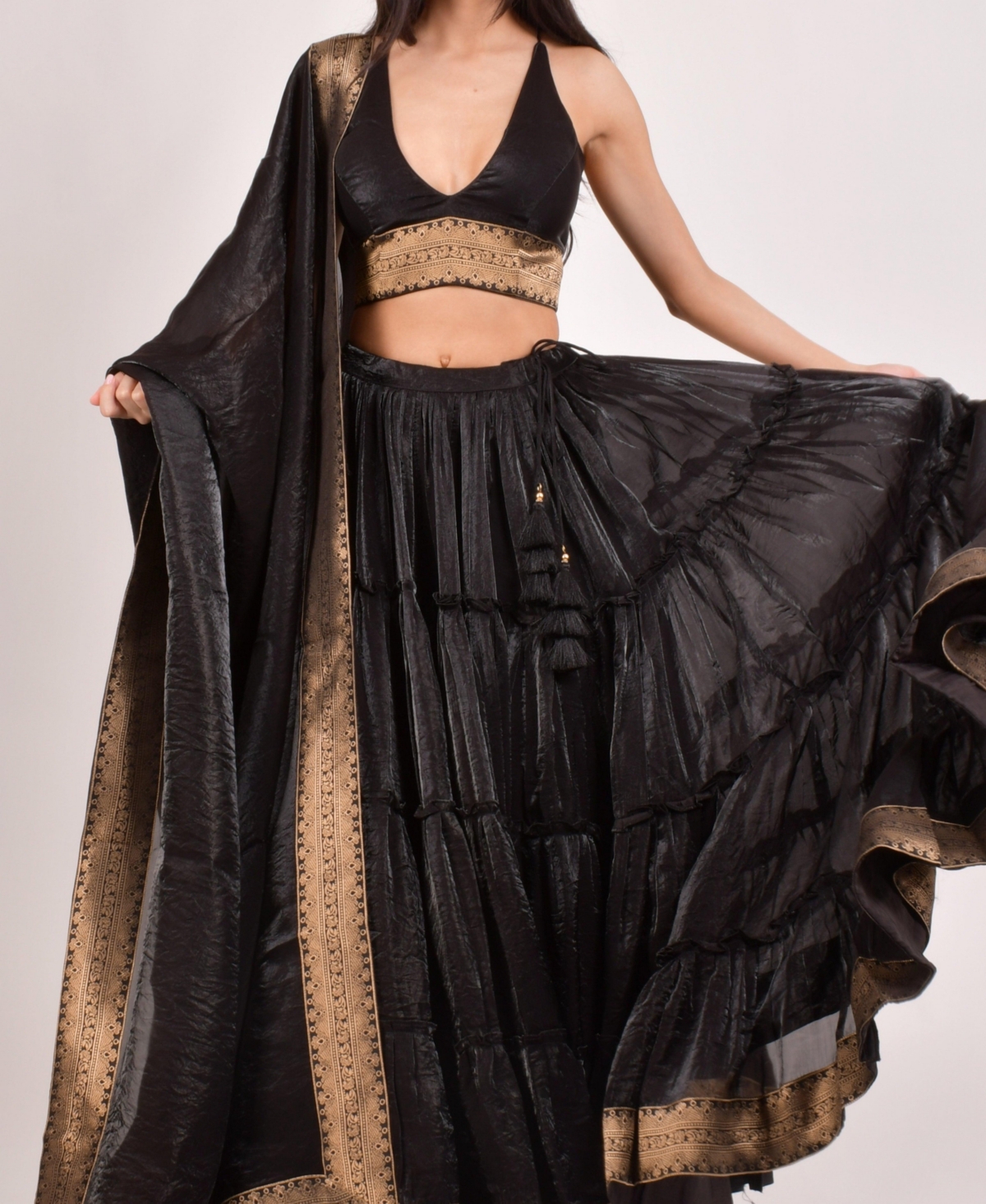 Women's Tiered Shimmer Black Lehenga Choli - Black
