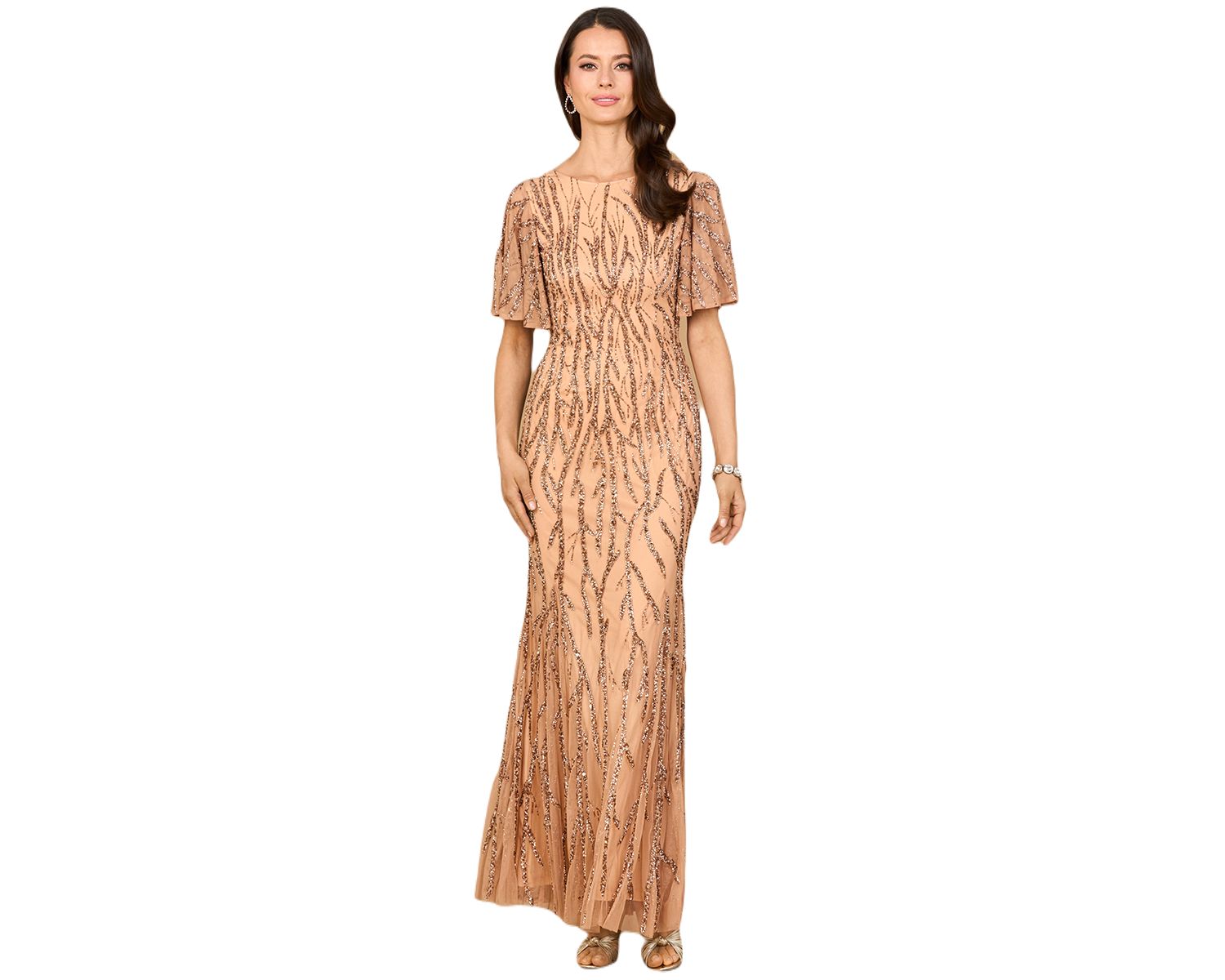 Beaded Gown with Flutter Sleeves