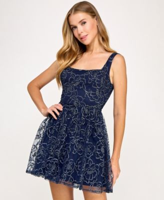 Juniors' Embroidered Mesh Fit & Flare Dress