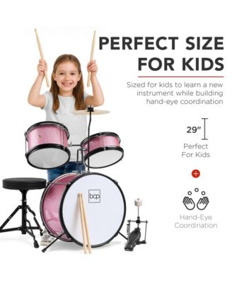 Kids Beginner 3-Piece Drum, Musical Instrument Set w/ Sticks, Cushioned Stool, Drum Pedal