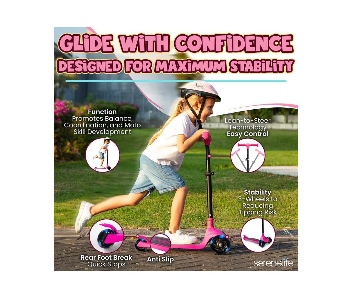Детская игрушка SereneLife 3-Wheel Foldable Kids Scooter with LED Wheel Lights, Ages 2+, цвет: Розовый — фото 4