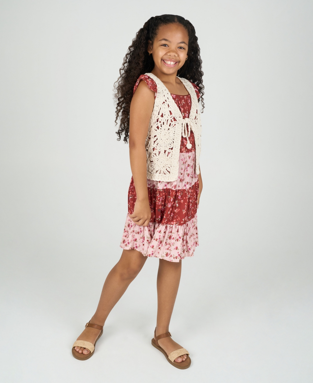Rare Editions Big Girls 2-piece Mixed Floral With Crochet Vest And Dress Set In Brown