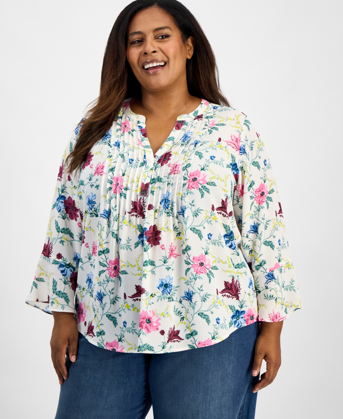 Style & Co Plus Size Printed Pintucked Top, Macy's Exclusive