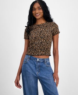 Juniors' All Over Print Smocked Short-Sleeve Top