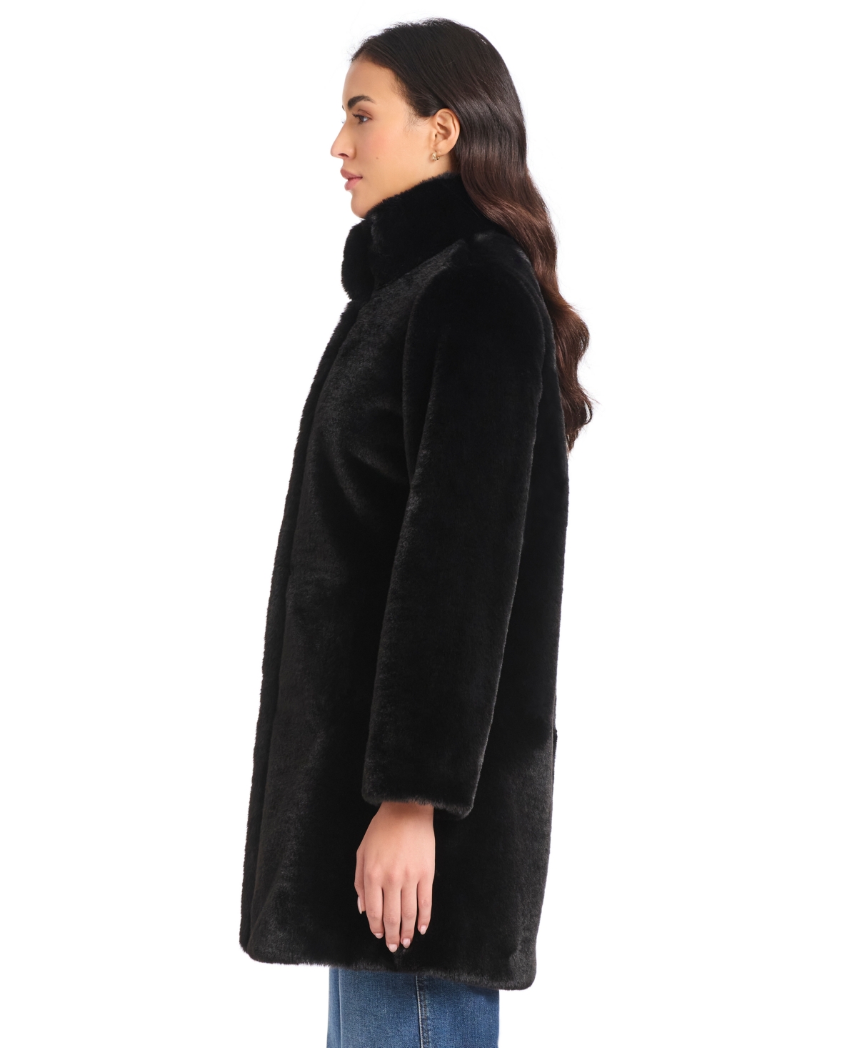 Jones New York Plus Size Stand-collar Faux-fur Coat In Black