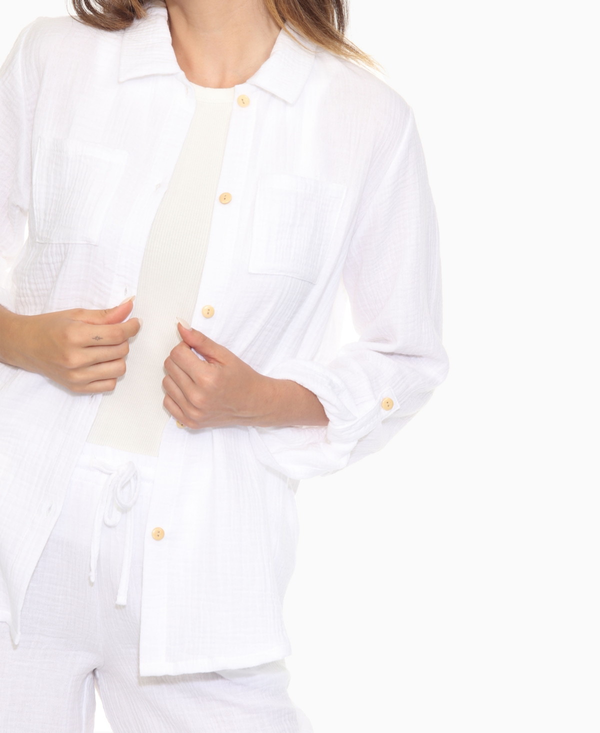 White Mark Women's Long Sleeve Button Down Cotton Gauze Set In White