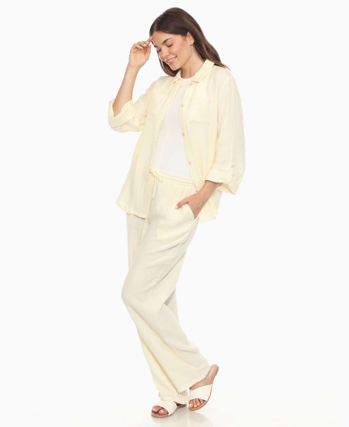 White Mark Women's Long Sleeve Button Down Cotton Gauze Set In Neutral