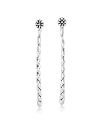 Sterling Silver Elongated Oval Rope Textured Hoop Earrings