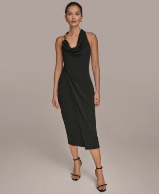donna karan draped jersey dress New York Women's Asymmetrical Cowl-neck Hardware Midi Ebay