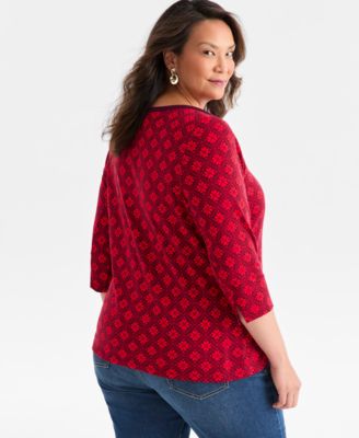Plus Size Printed Knit 3/4-Sleeve Top, Macy's Exclusive
