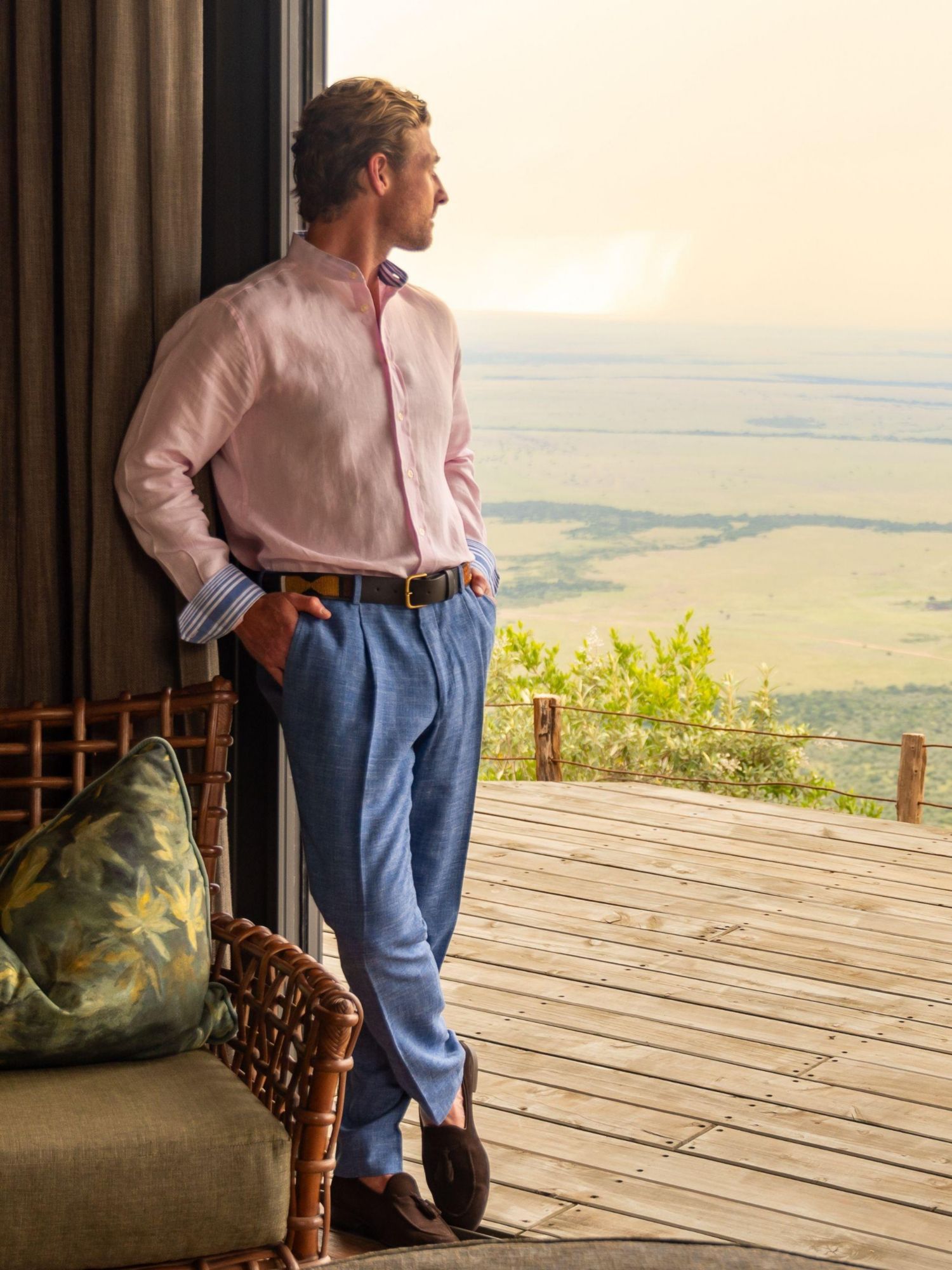 Men's Linen Band Collar Shirt