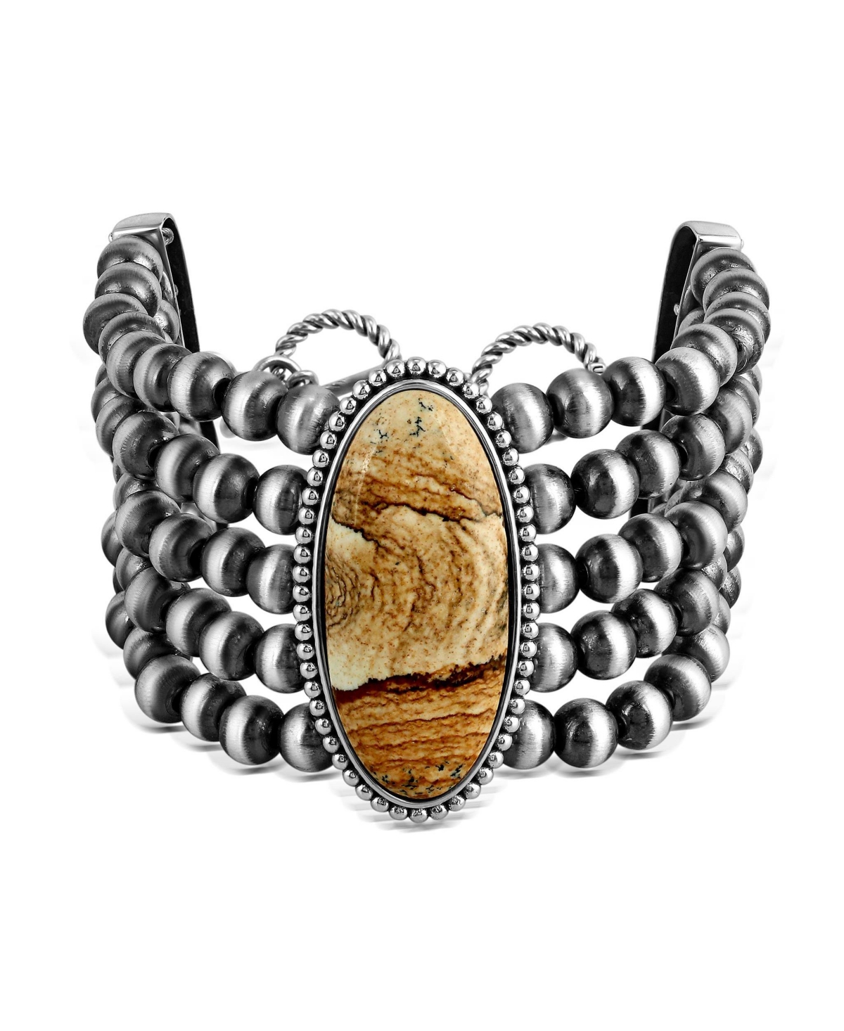 Sterling Silver Oval Picture Jasper Oval Cut Beaded Toggle Bracelet, Size, Size Medium