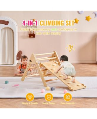 Toddler 4 in 1 Climbing Set with Wooden Pikler Triangle Ramp and Arch for Indoors