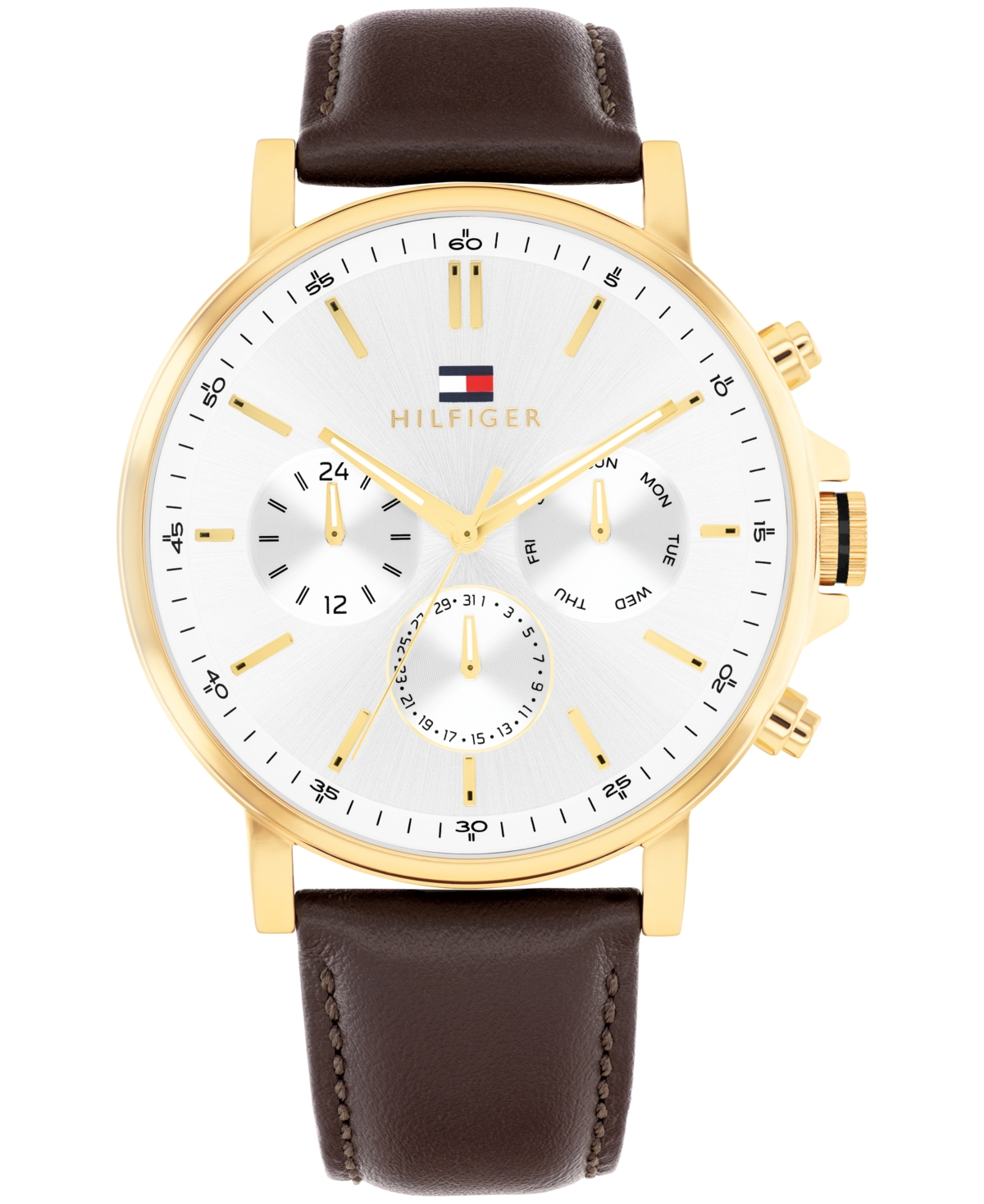 Men's Multifunction Brown Leather Strap Watch, 43mm - White
