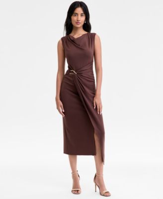 Women's Sleeveless Boat-Neck Ponté-Knot Wrap Midi Dress