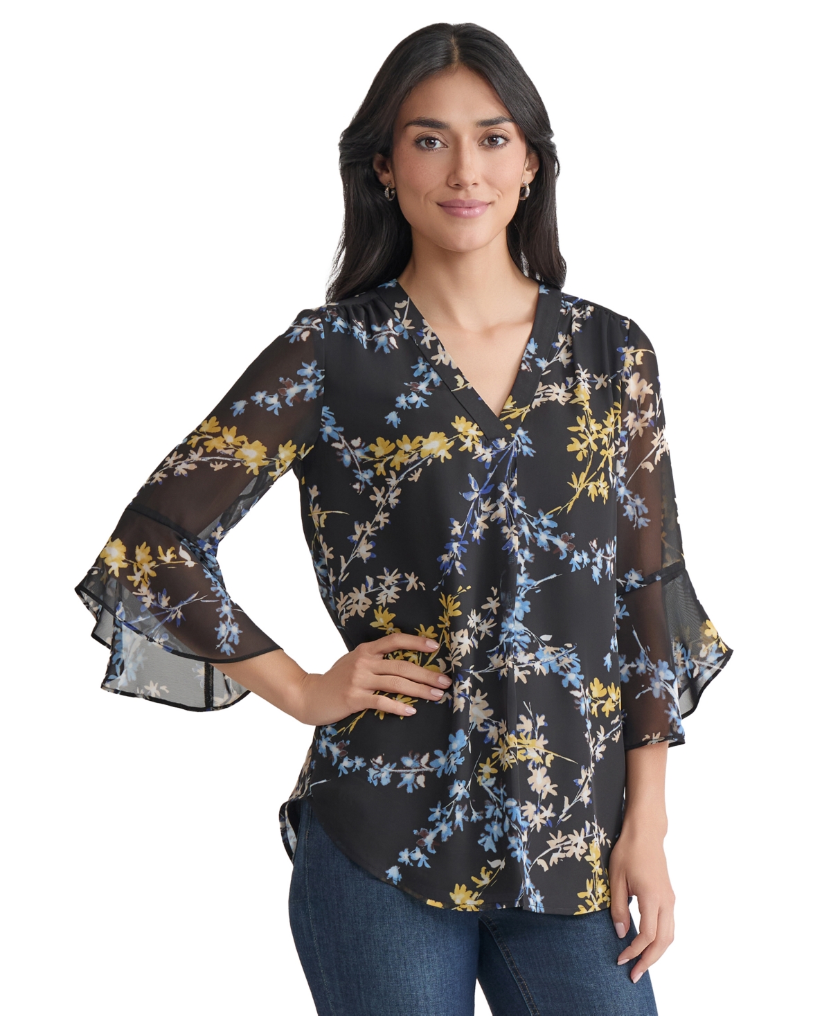 Jones New York Women's Sheer-flutter-sleeve Y-neck Blouse In Multi