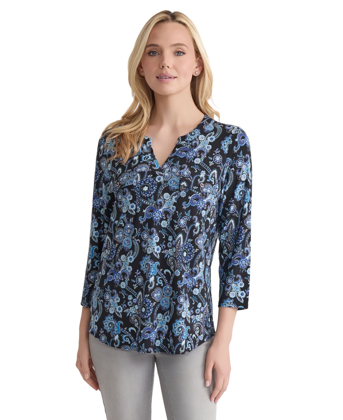 Women's Paisley-Print 3/4-Sleeve Flap-Pocket Knit Top - Jones Black Multi